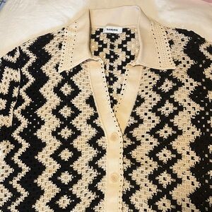 Sandro Black and Cream Geometric Knit Cardigan knit crochet